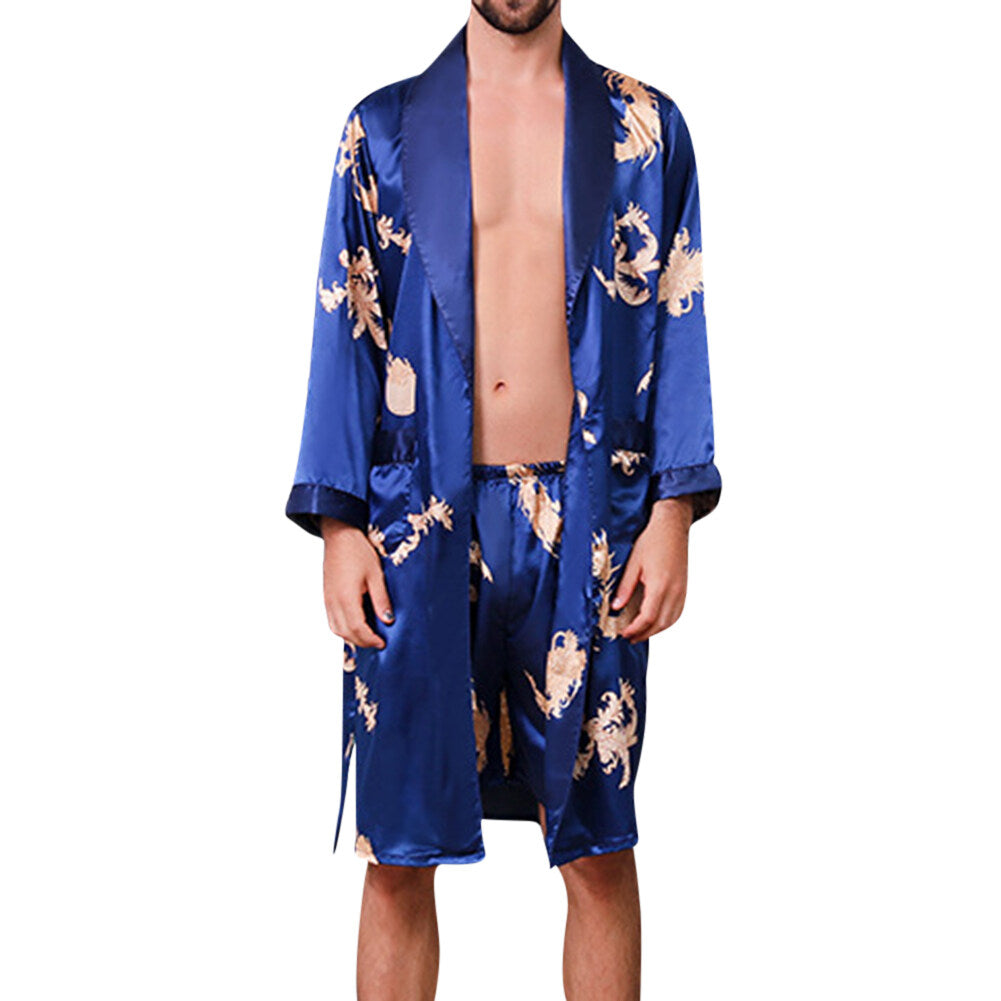 YOUTHUP Mens Dressing Gown 2 Piece Smooth Dragon Prints Belt Robe and Shorts