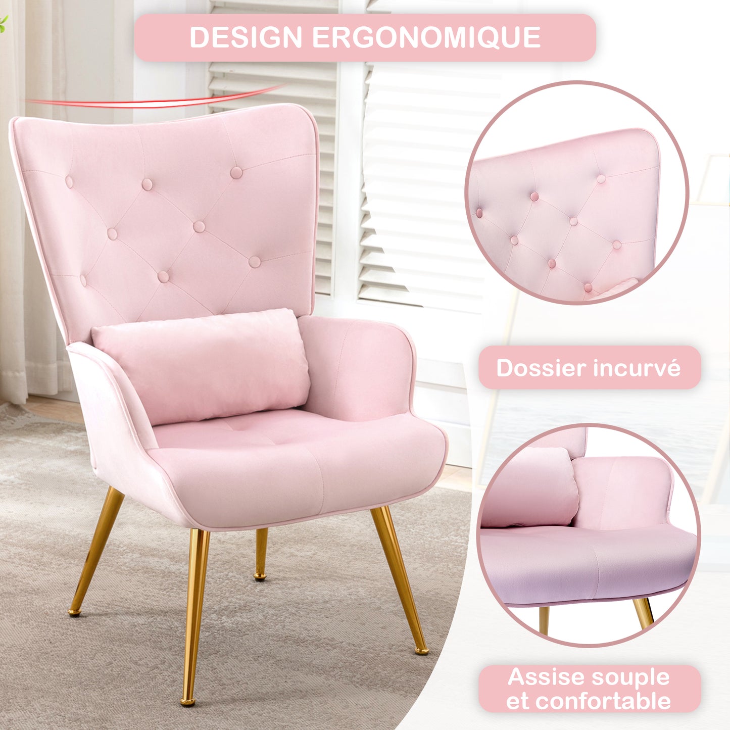 Fauteuil de Salon Scandinave avec Oreiller Lombaire Fauteuil Style Moderne en Tissu Velours pour Salon, Chambre Rose
