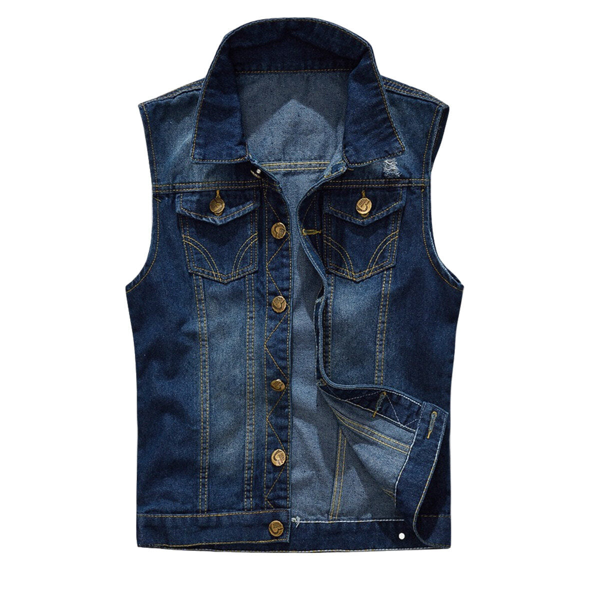 YOUTHUP Mens Ripped Denim Casual Vintage Biker Waistcoat Cowboy Vest