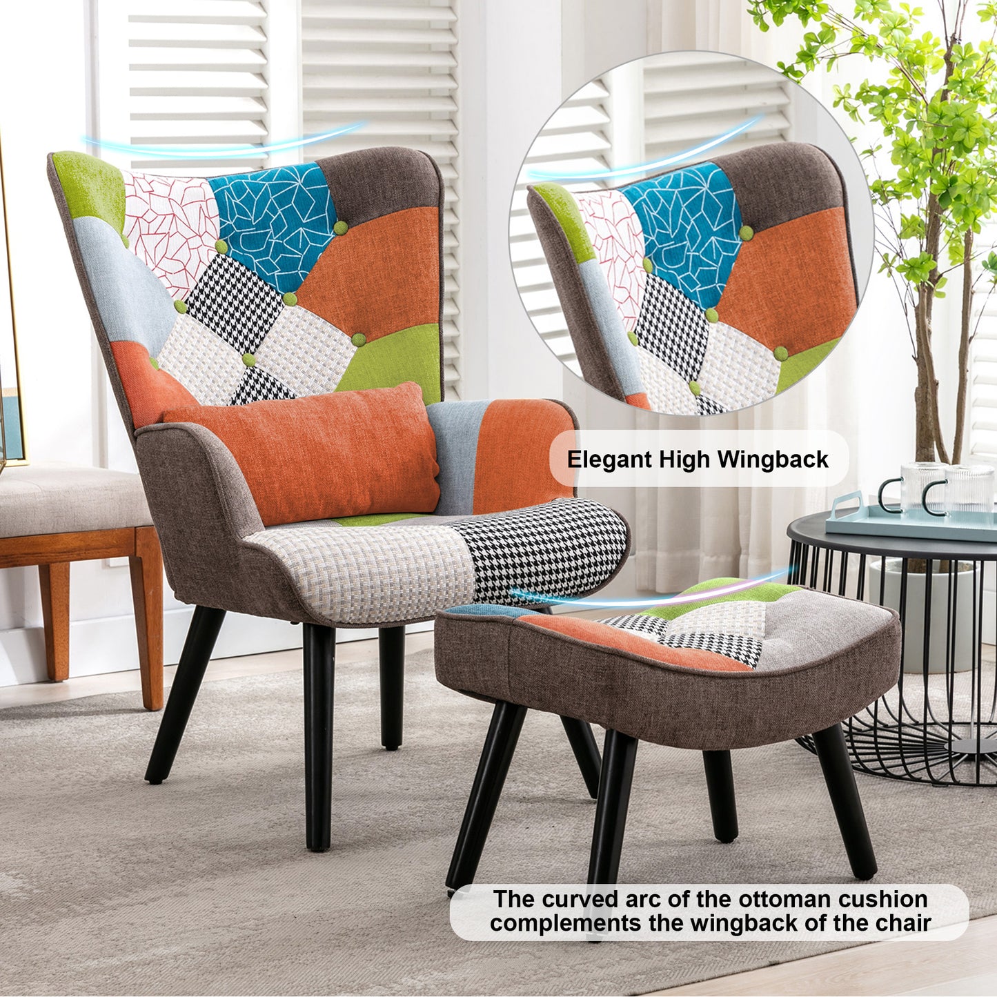 Fauteuil Patchwork Scandinave  avec pieds-repose, Oreiller lombaire  Pieds Bois Massif ,Salon Balcon Tissu en Lin  Multicolore