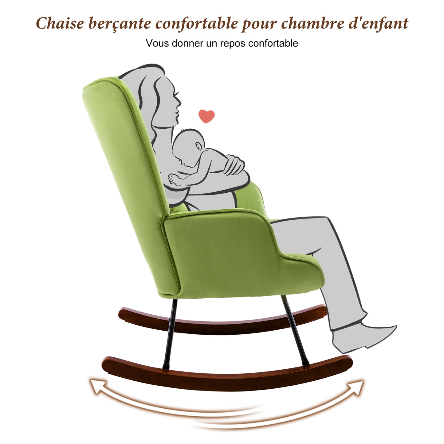 Fauteuil à Bascule  Rembourré en Velours Moderne  pour Salon, Chaise à Bascule à Dossier Haut avec Pieds en Bois, Vert gazon