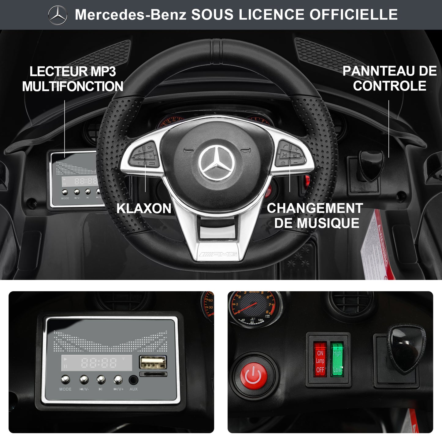 Voiture Electrique Mercedes-AMG GTR pour Enfant 3ans+,avec 2.4G Télécommande 2x15W 12V Vitesse 2km/h 25KG Portante, Noir