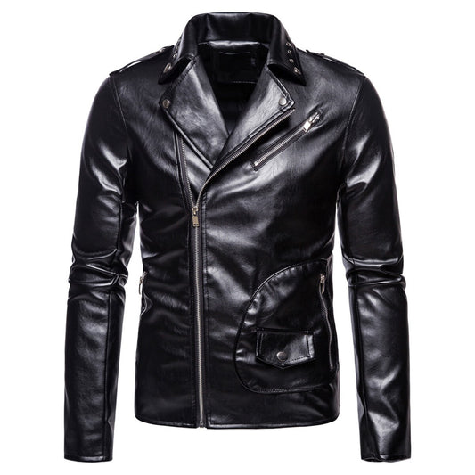 Youthup Mens Shiny Waterproof Punk Slim Fit Leather Jacket