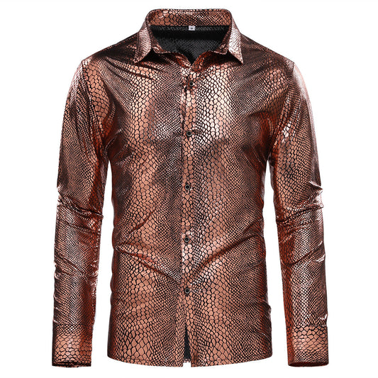 Youthup Mens Blouse Leopard Python Pirnt Shiny Long Sleeve Shirt