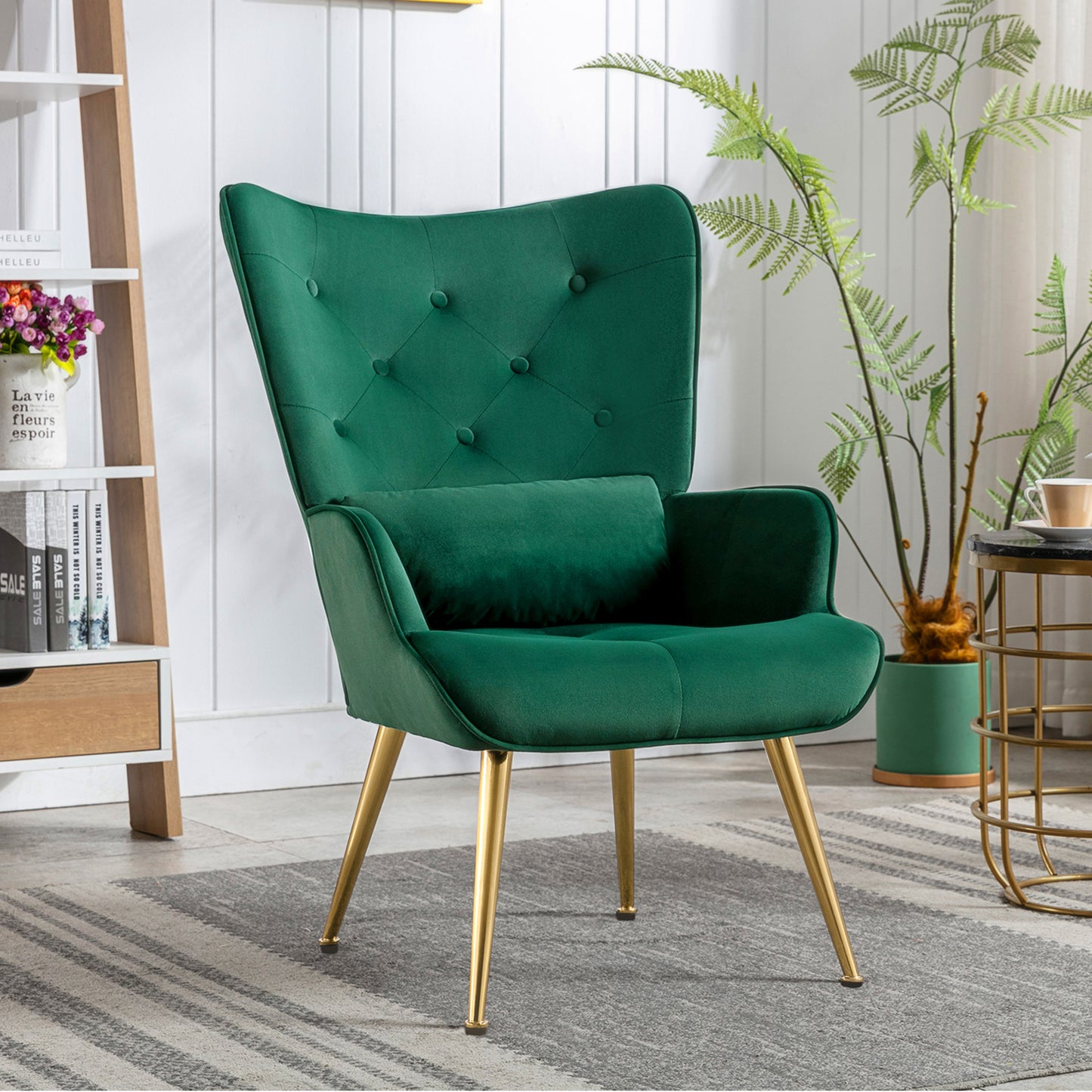 Fauteuil de Salon Scandinave avec Oreiller Lombaire Fauteuil Style Moderne en Tissu Velours pour Salon, Chambre Vert Foncé