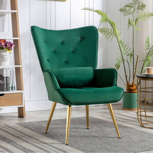 Fauteuil de Salon Scandinave avec Oreiller Lombaire Fauteuil Style Moderne en Tissu Velours pour Salon, Chambre Vert Foncé
