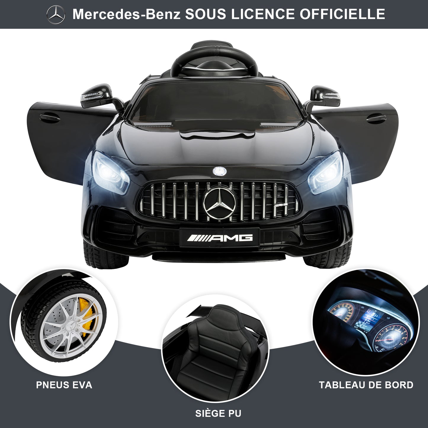 Voiture Electrique Mercedes-AMG GTR pour Enfant 3ans+,avec 2.4G Télécommande 2x15W 12V Vitesse 2km/h 25KG Portante, Noir