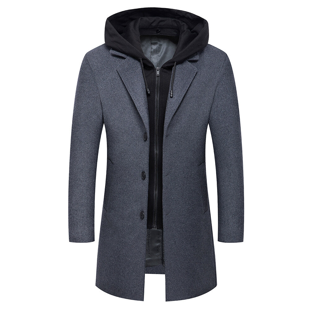 Youthup Mens Slim Fit Wool Coat Elegant Removable Hood Trench Overcoat