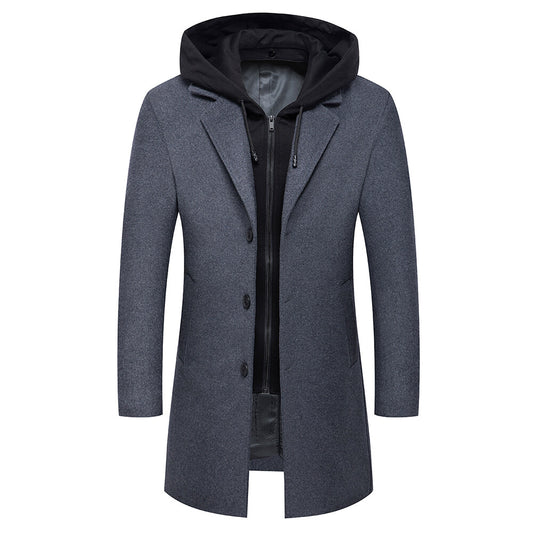 Youthup Mens Slim Fit Wool Coat Elegant Removable Hood Trench Overcoat