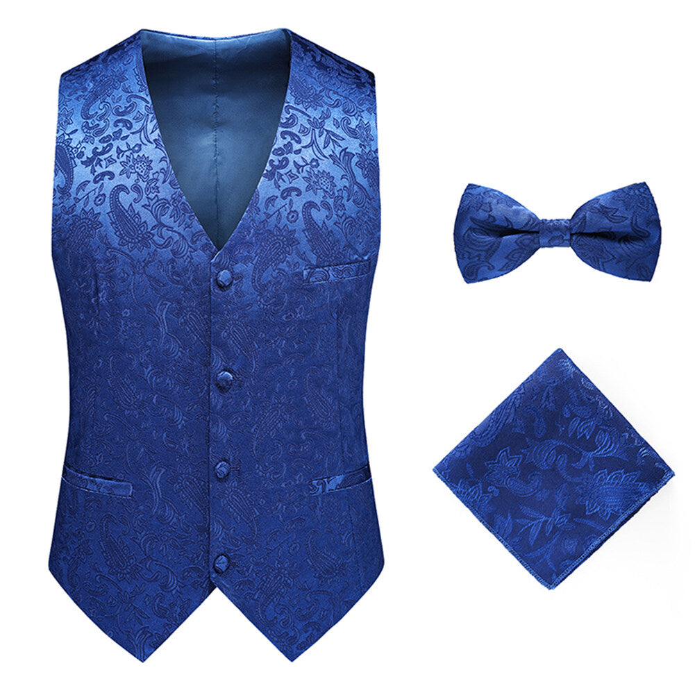 Youthup Mens 3Pce Paisley Dress Vest and Bow Tie Set and Pocket Square