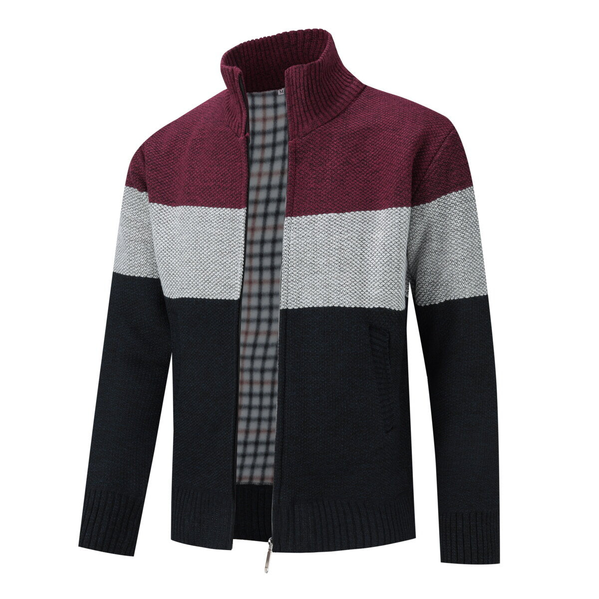 Youthup Mens Stand Collar Sweater Color Block Knit Cardigan