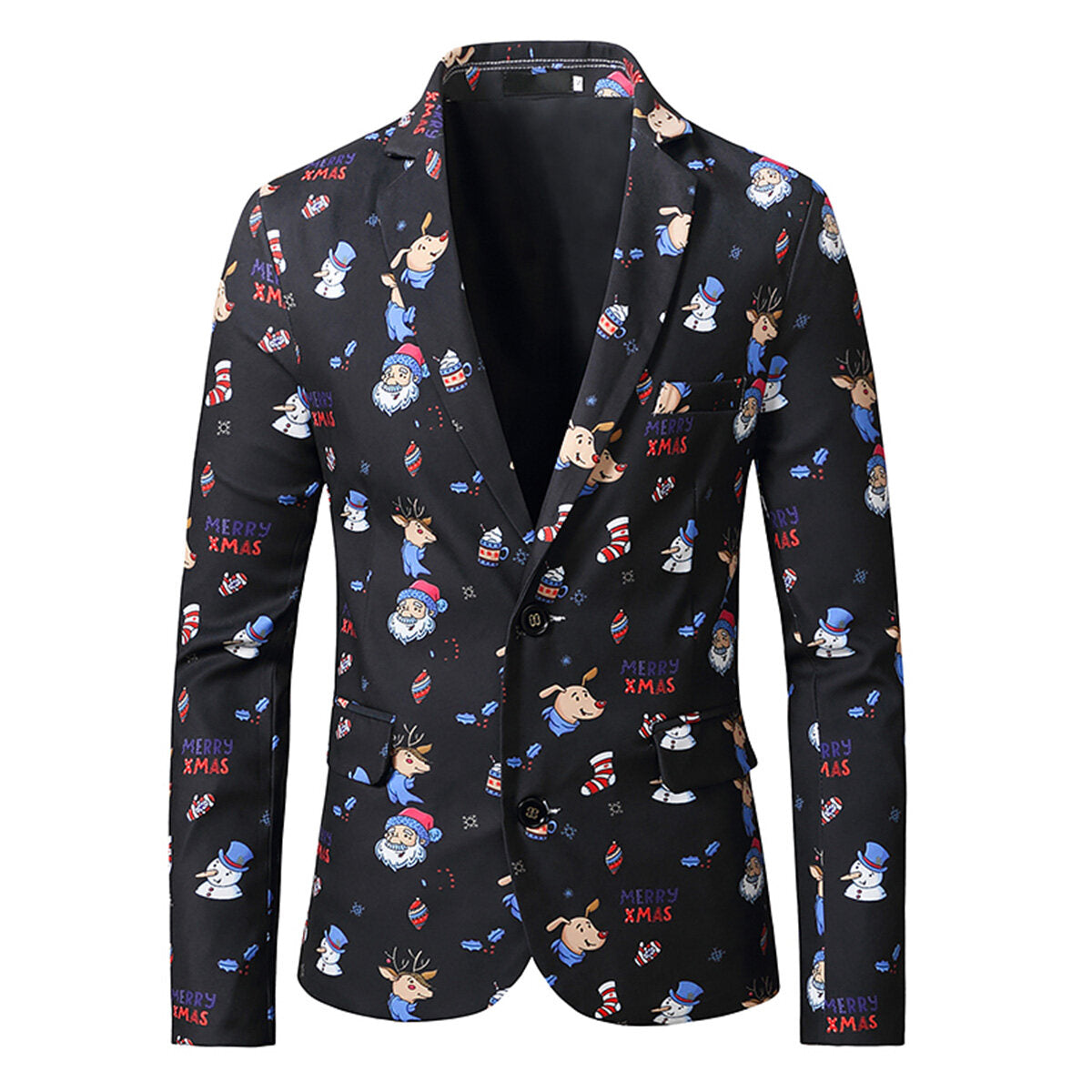 Youthup Mens Christmas Santa Claus Elk Print Slim Fit Suit Blazer