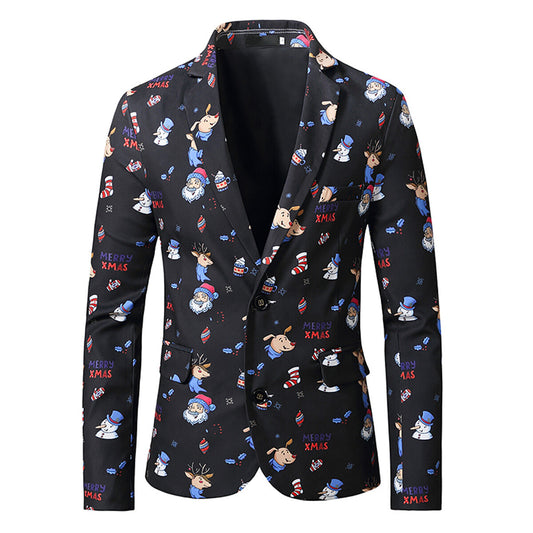 Youthup Mens Christmas Santa Claus Elk Print Slim Fit Suit Blazer