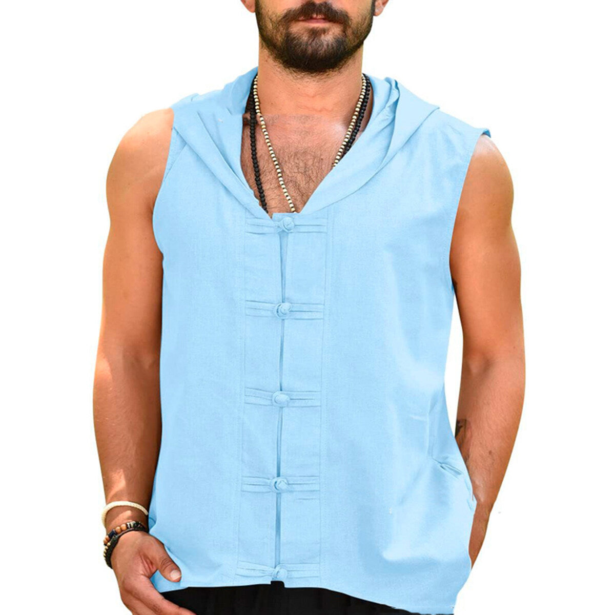 Youthup Mens Linen Sleeveless Hooded T-Shirt