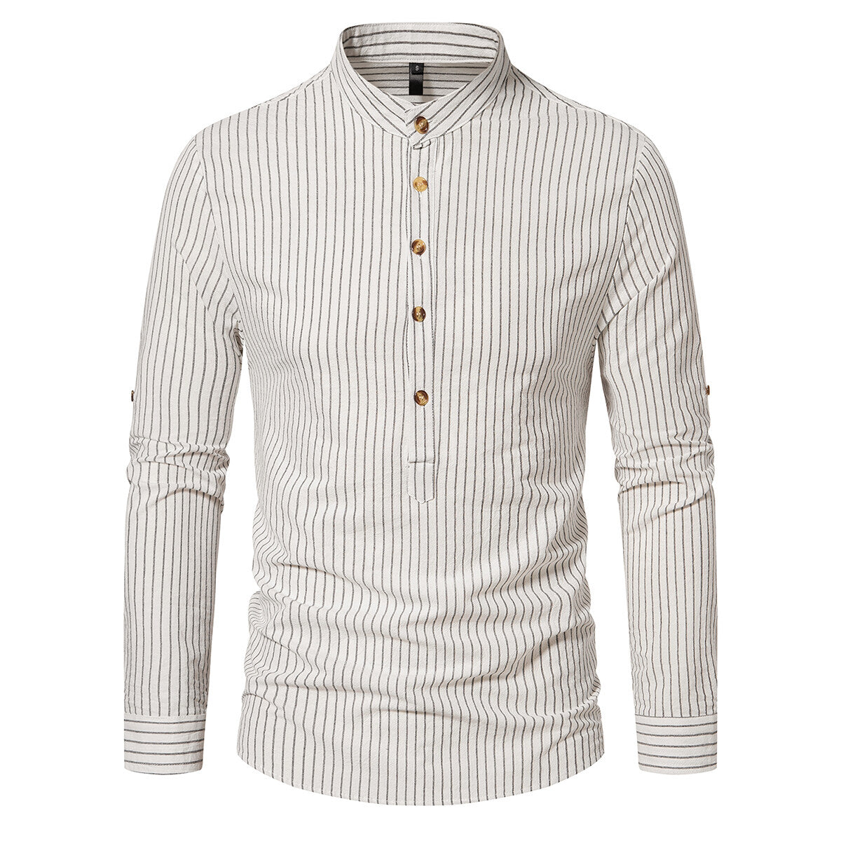 YOUTHUP Mens Striped Shirt Long Sleeve Slim Stand Collar Business Casual Top