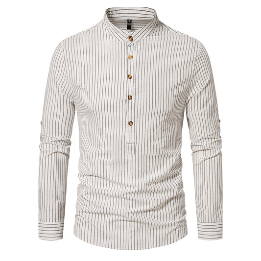 YOUTHUP Mens Striped Shirt Long Sleeve Slim Stand Collar Business Casual Top