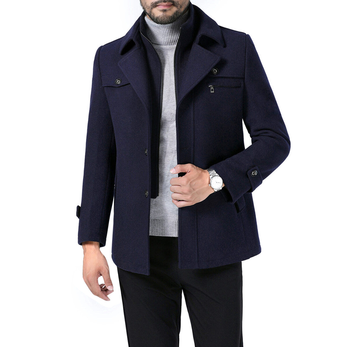Youthup Mens Short Overcoat Fake Two-Piece Wool Jacket