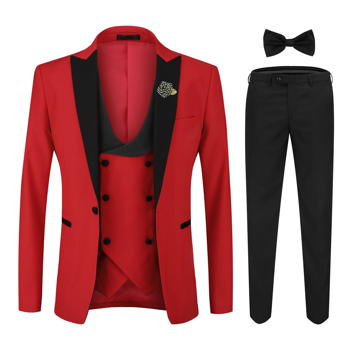 YOUTHUP Mens 3 Piece Slim Fit Peak Lapel 1 Button Suit Set with Bowtie and Corsage