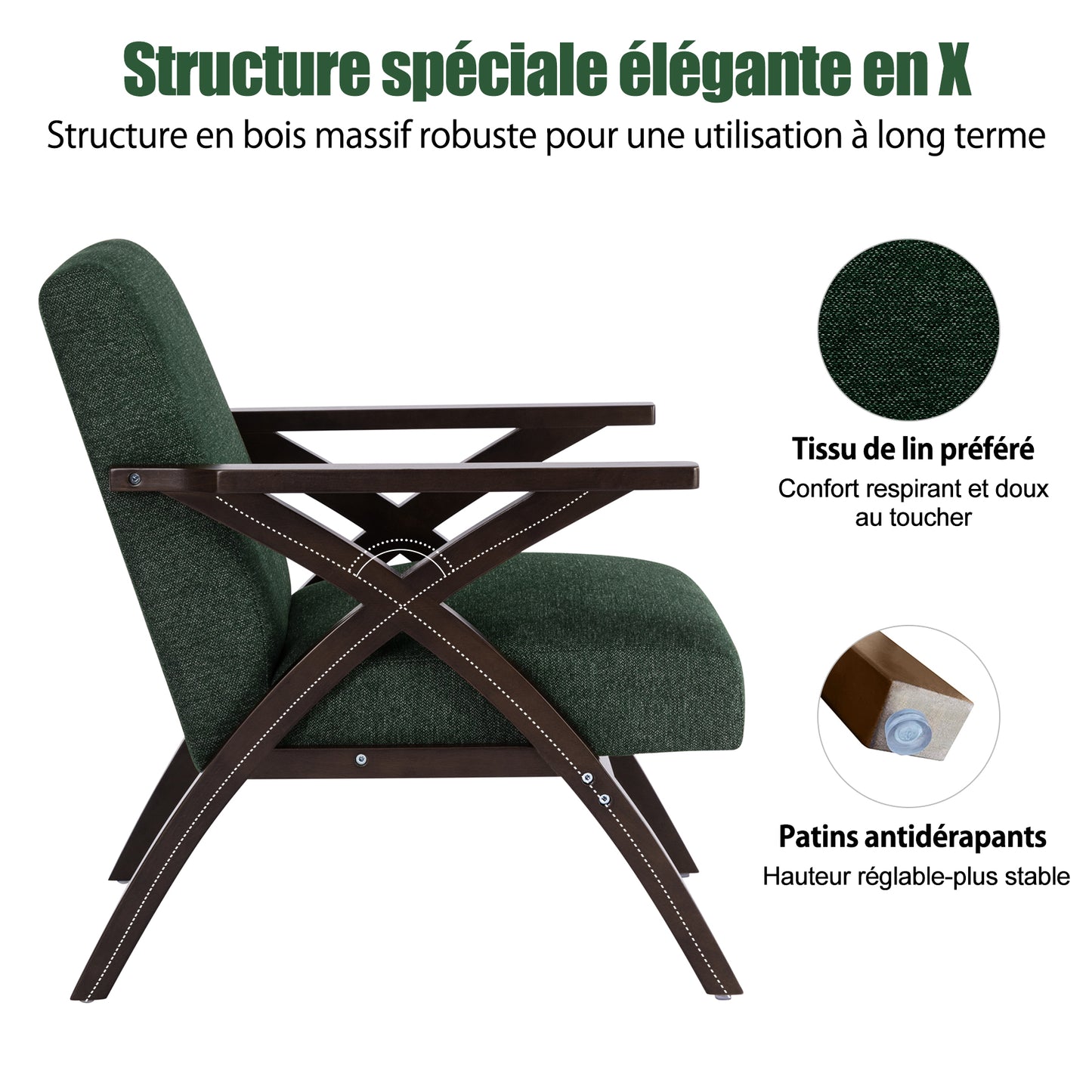 Fauteuil en Bois Massif  Fauteuil avec Conception d'Accoudoir en Forme X, Dossier Ergonomique pour bureau,chambre,salon, Vert Foncé