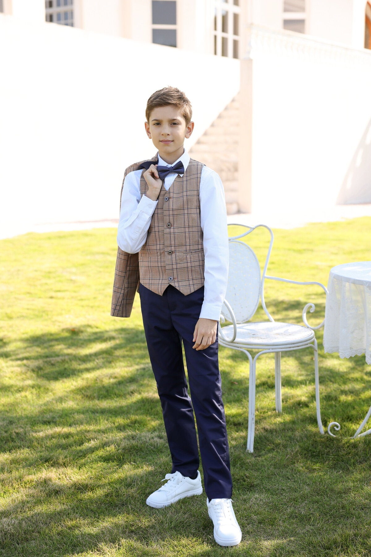 Youthup Boys 3Pce Plaid Peaked Lapel Tuxedo Wedding Party Suit Set