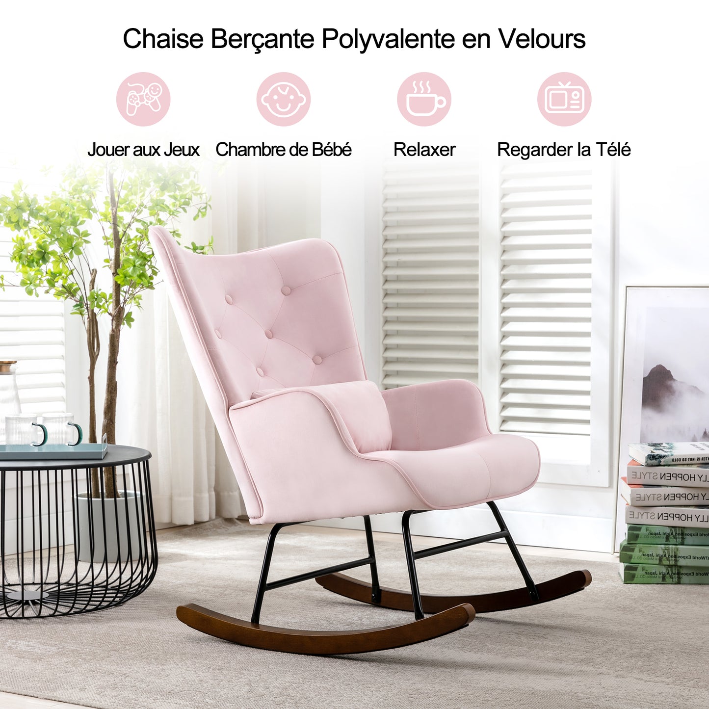 Fauteuil à Bascule  Rembourré en Velours Moderne  pour Salon, Chaise à Bascule à Dossier Haut avec Pieds en Bois, Rose