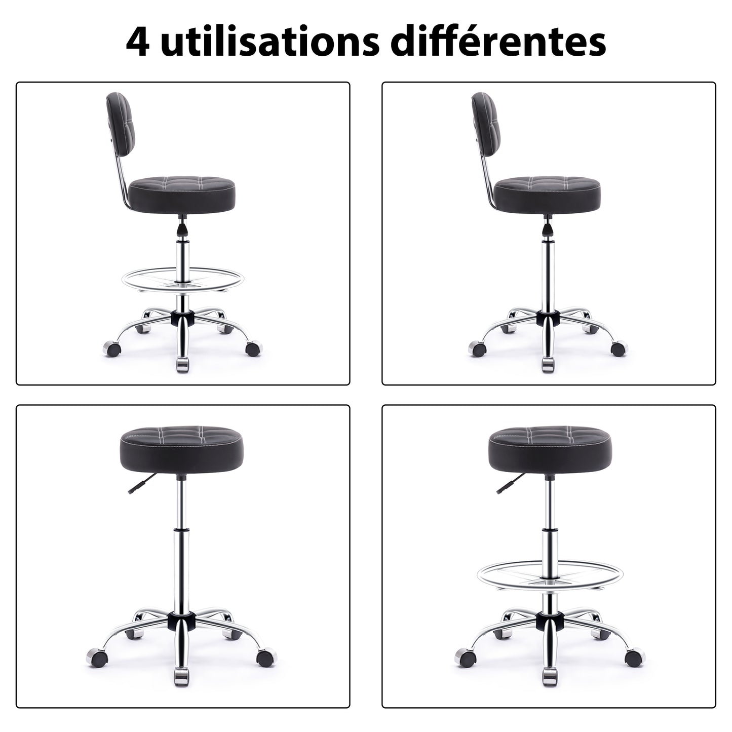 Tabouret roulettes avec Dossier et Anneau en Métal, Tabouret  Rotation à 360° Hauteur Réglable 63-76cm, Tabouret Ergonomique Noir