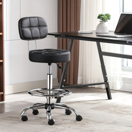 Tabouret roulettes avec Dossier et Anneau en Métal, Tabouret  Rotation à 360° Hauteur Réglable 63-76cm, Tabouret Ergonomique Noir