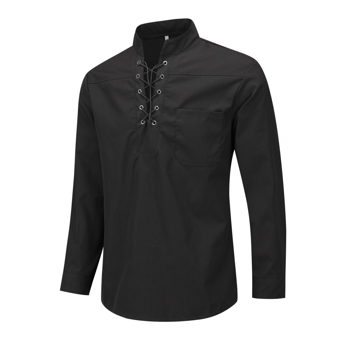 YOUTHUP Mens Casual Solid Color Pullover Shirt Stand Collar Tie Long Sleeves For Daily Outing