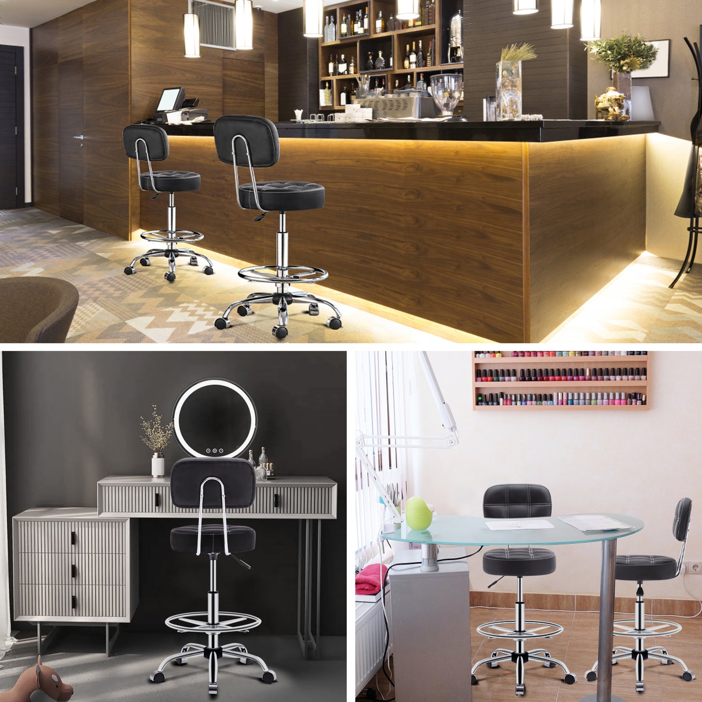 Tabouret roulettes avec Dossier et Anneau en Métal, Tabouret  Rotation à 360° Hauteur Réglable 63-76cm, Tabouret Ergonomique Noir