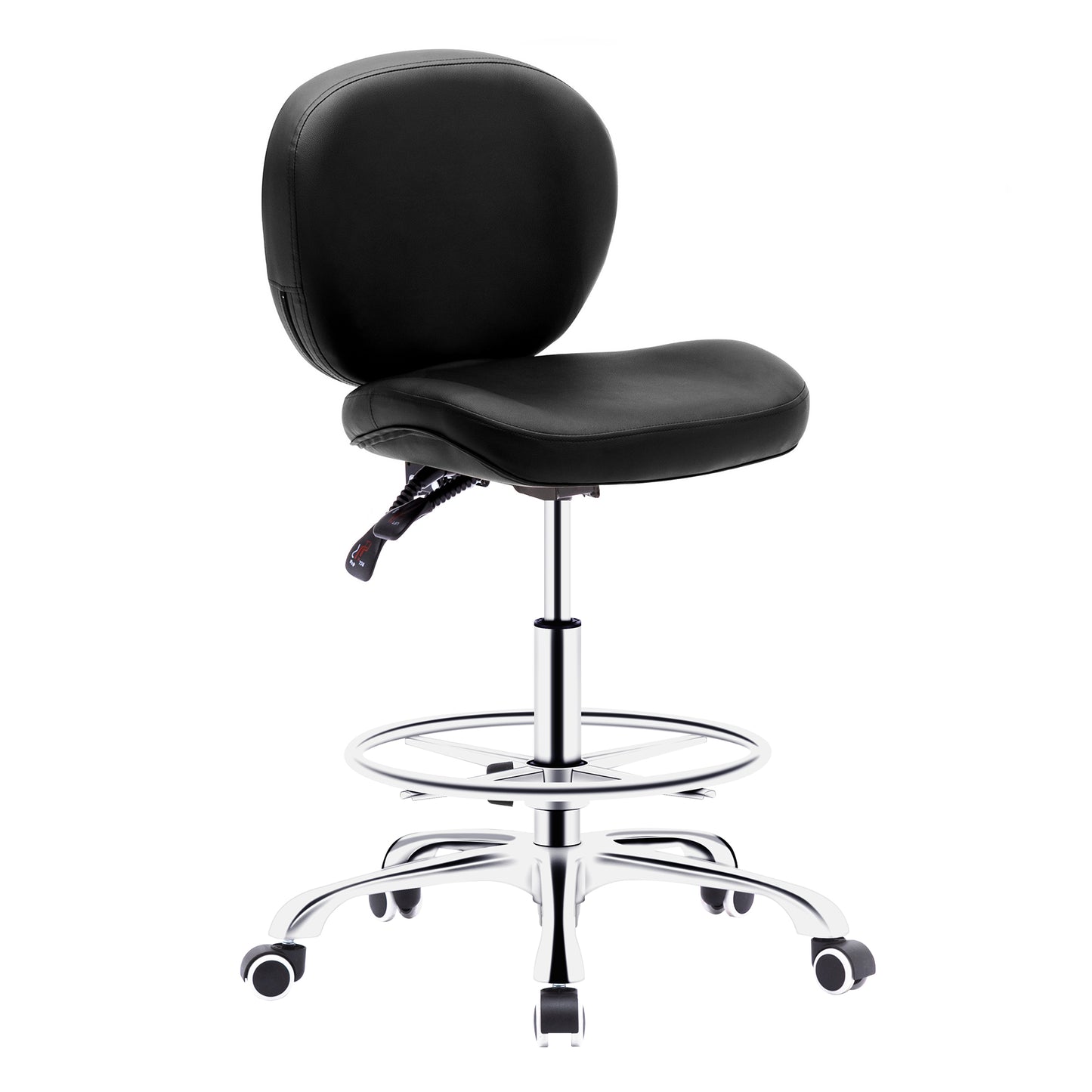 Tabouret roulettes avec Dossier et Anneau en Métal Rotation à 360° Hauteur Réglable 59,5-72,5cm Noir
