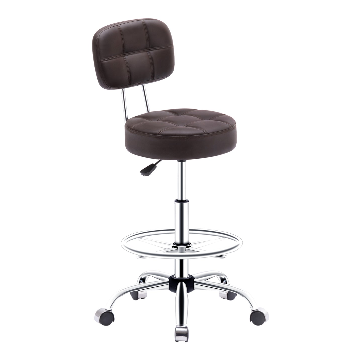 Tabouret roulettes avec Dossier et Anneau en Métal, Tabouret  Rotation à 360° Hauteur Réglable 63-76cm, Tabouret Ergonomique Brun