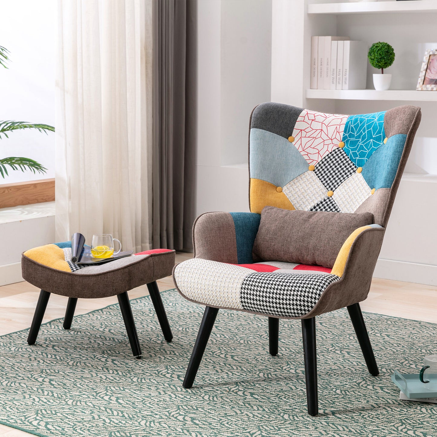 Poltrona de Relaxamento HomeMiYN Orelha com Banqueta (75x67x96cm - Tecido Patchwork Colorido)