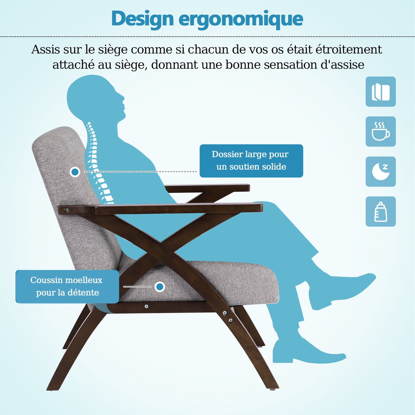 Fauteuil en Bois Massif  Fauteuil avec Conception d'Accoudoir en Forme X, Dossier Ergonomique pour bureau,chambre,salon, Gris