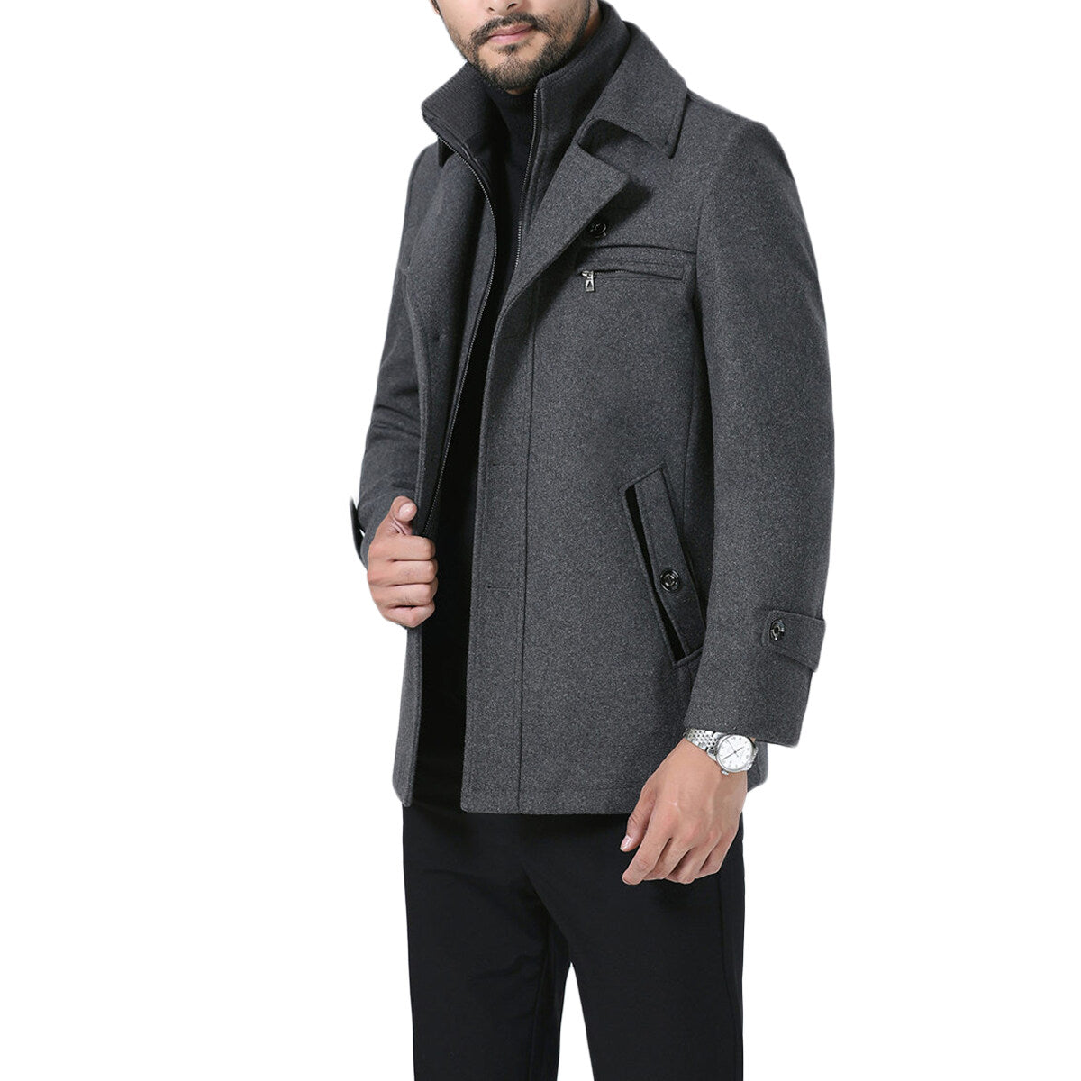 Youthup Mens Short Overcoat Fake Two-Piece Wool Jacket