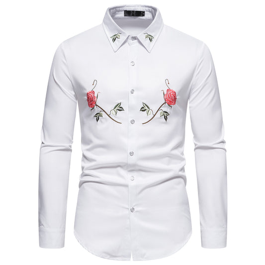 YOUTHUP Mens Embroidered Rose Shirt Casual Long Sleeve Slim Tops