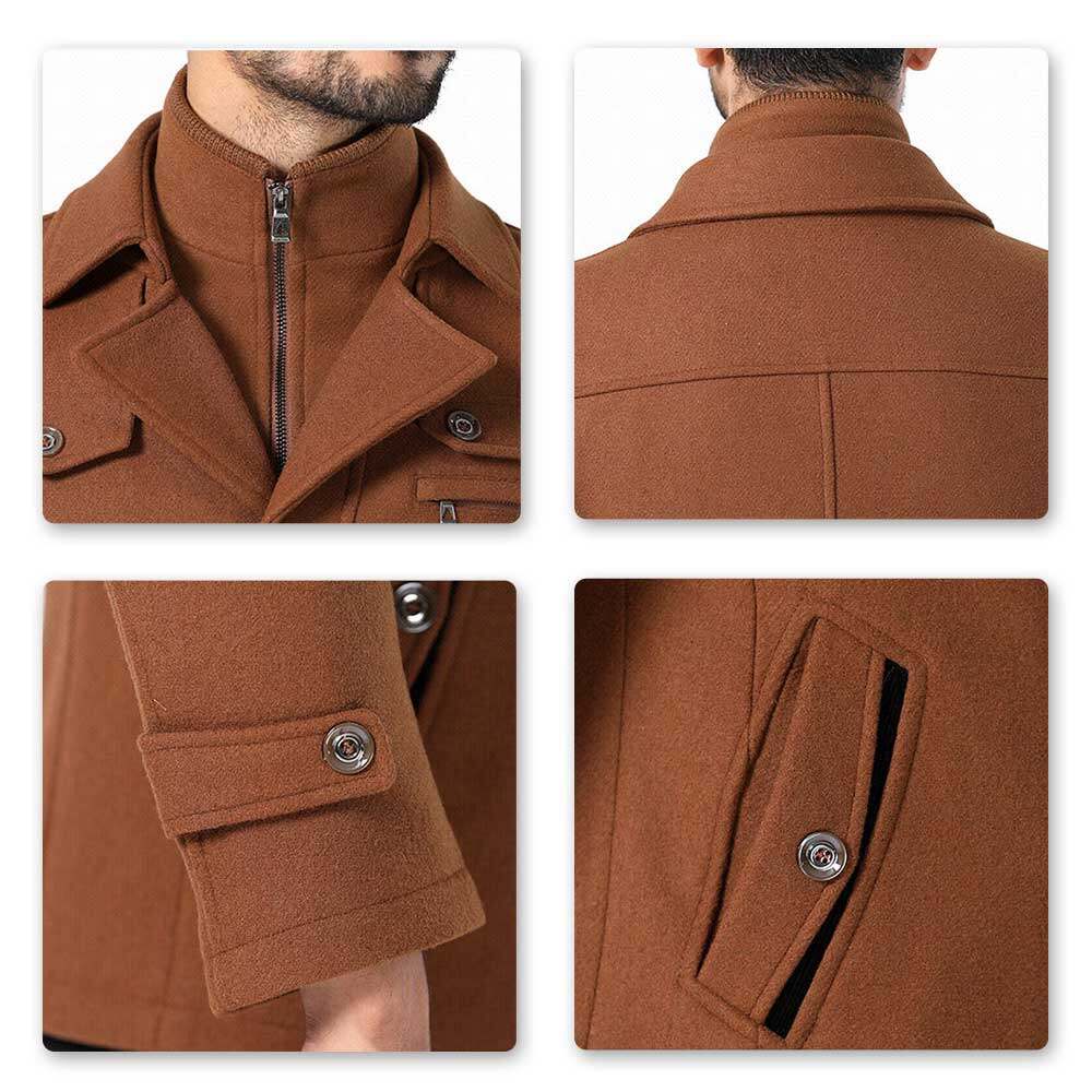 Youthup Mens Short Overcoat Fake Two-Piece Wool Jacket