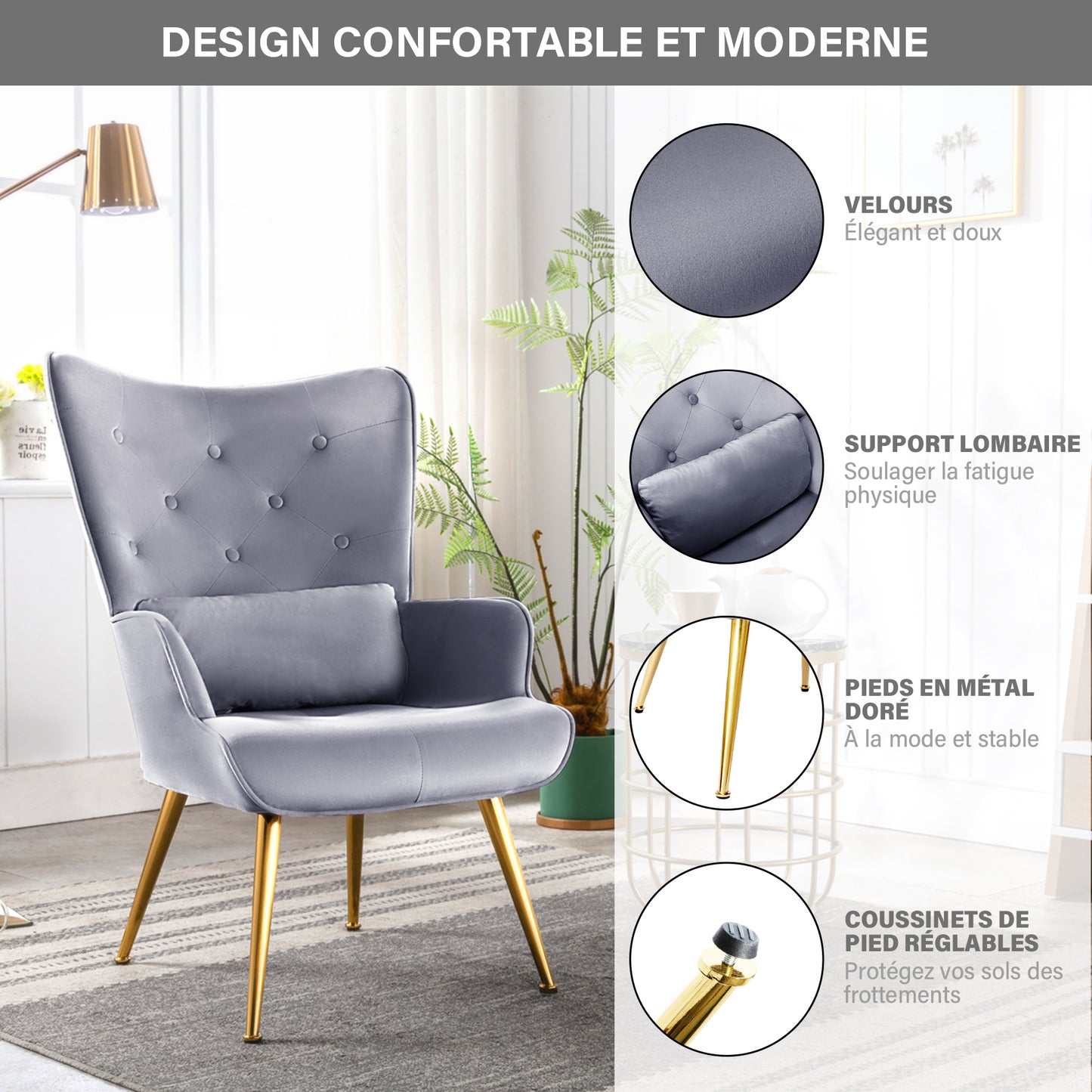 Fauteuil de Salon Scandinave avec Oreiller Lombaire Fauteuil Style Moderne en Tissu Velours pour Salon, Chambre Gris Clair