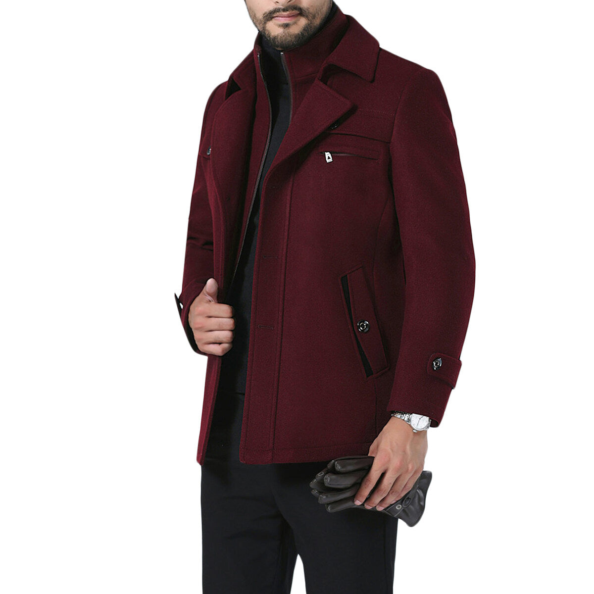 Youthup Mens Short Overcoat Fake Two-Piece Wool Jacket