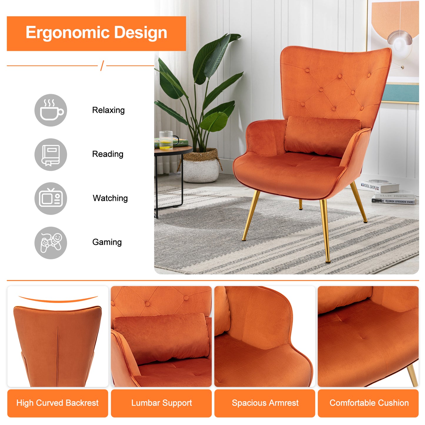 Fauteuil de Salon Scandinave avec Oreiller Lombaire Fauteuil Style Moderne en Tissu Velours pour Salon, Chambre Caramel