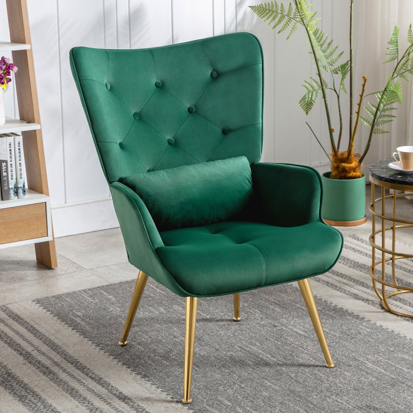 Poltrona de Relaxamento HomeMiYN Lounge Vintage(72x66x97cm - Veludo/Metal Dourado - Verde)