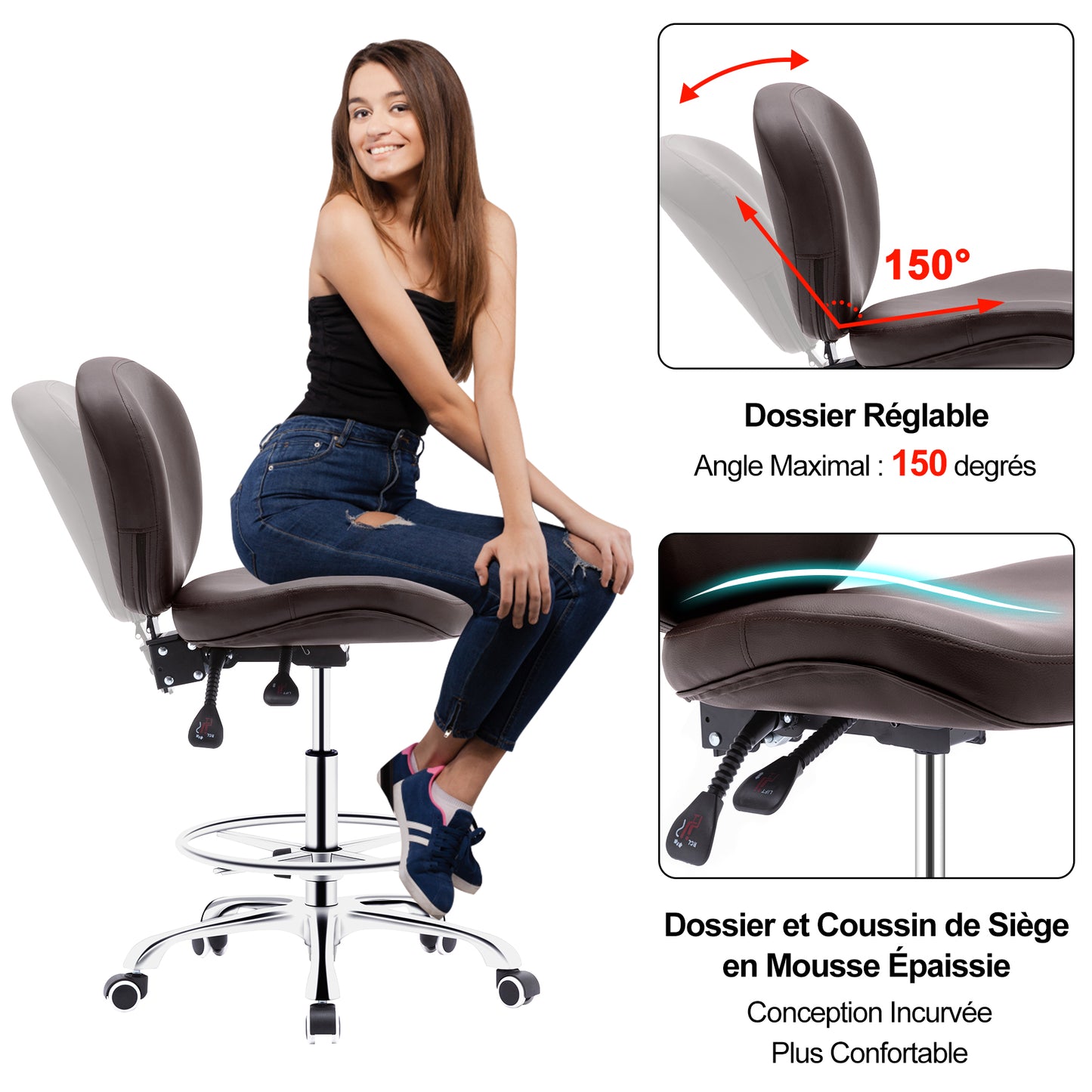 Tabouret roulettes avec Dossier et Anneau en Métal Rotation à 360° Hauteur Réglable 59,5-72,5cm Brun