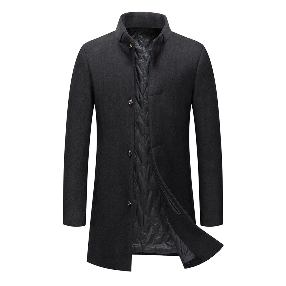 Youthup Mens Winter Wool Coat One Button Solid Stand Collar Overcoat