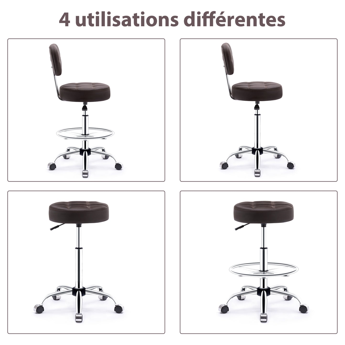 Tabouret roulettes avec Dossier et Anneau en Métal, Tabouret  Rotation à 360° Hauteur Réglable 63-76cm, Tabouret Ergonomique Brun