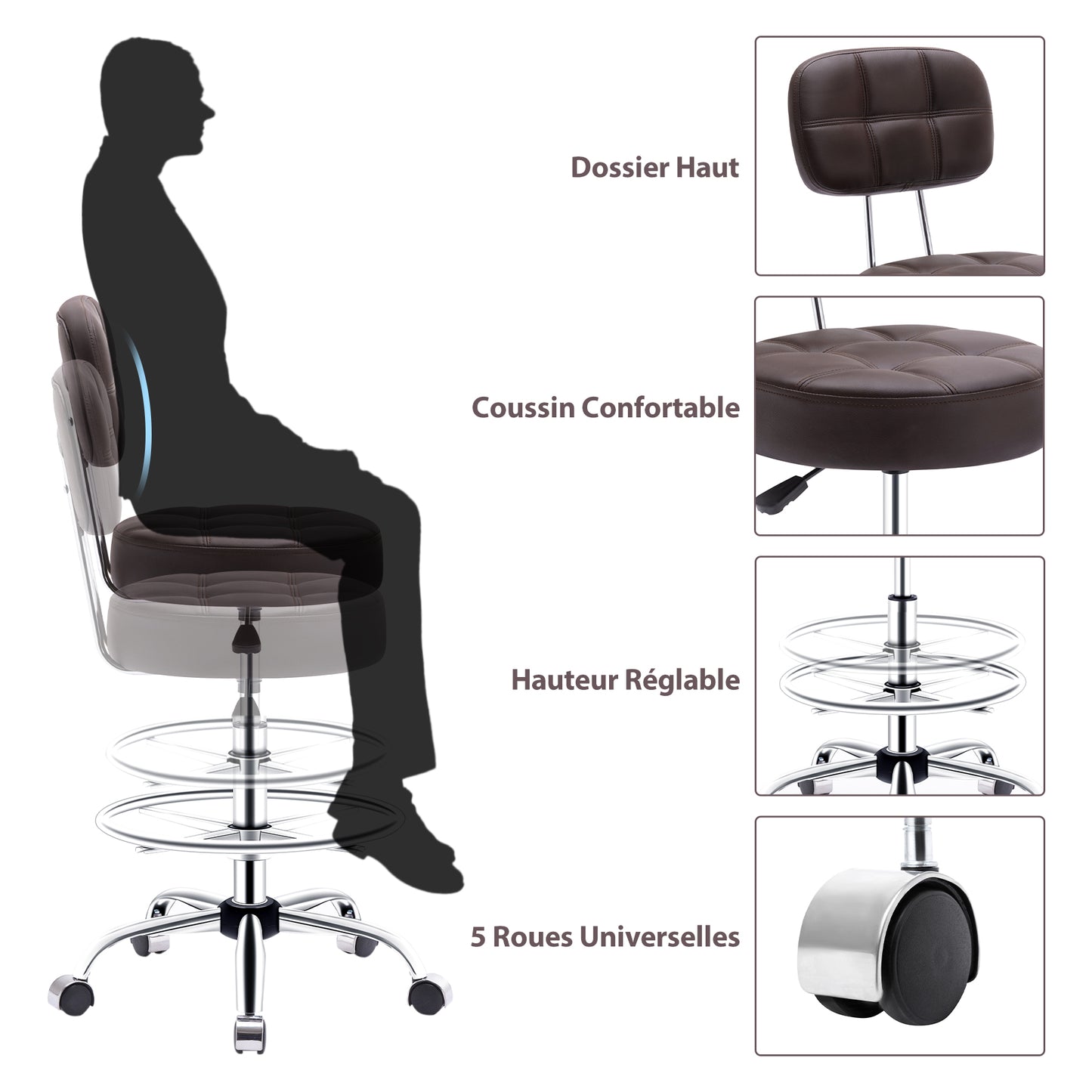 Tabouret roulettes avec Dossier et Anneau en Métal, Tabouret  Rotation à 360° Hauteur Réglable 63-76cm, Tabouret Ergonomique Brun