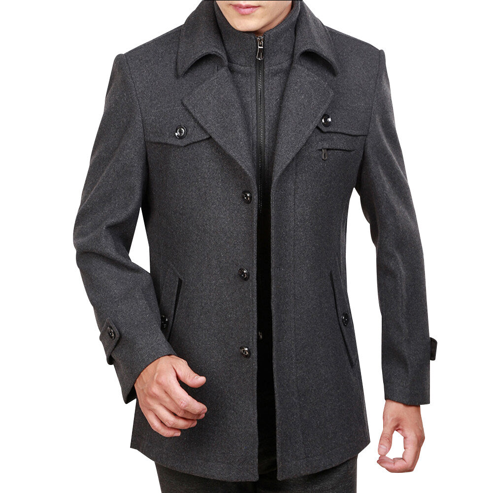 Youthup Mens Short Overcoat Fake Two-Piece Wool Jacket