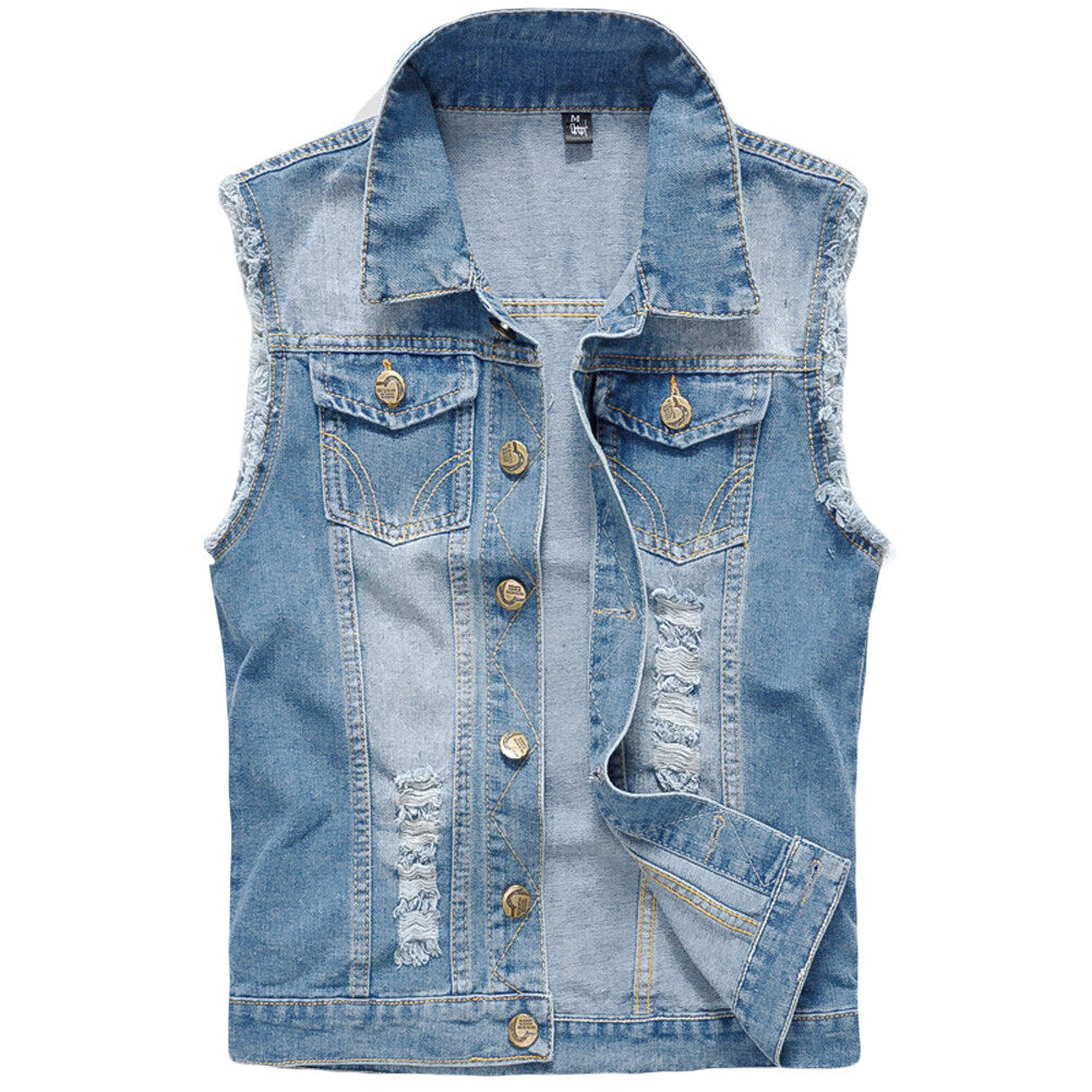 Youthup Mens Ripped Brushed Denim Sleeveless Jacket