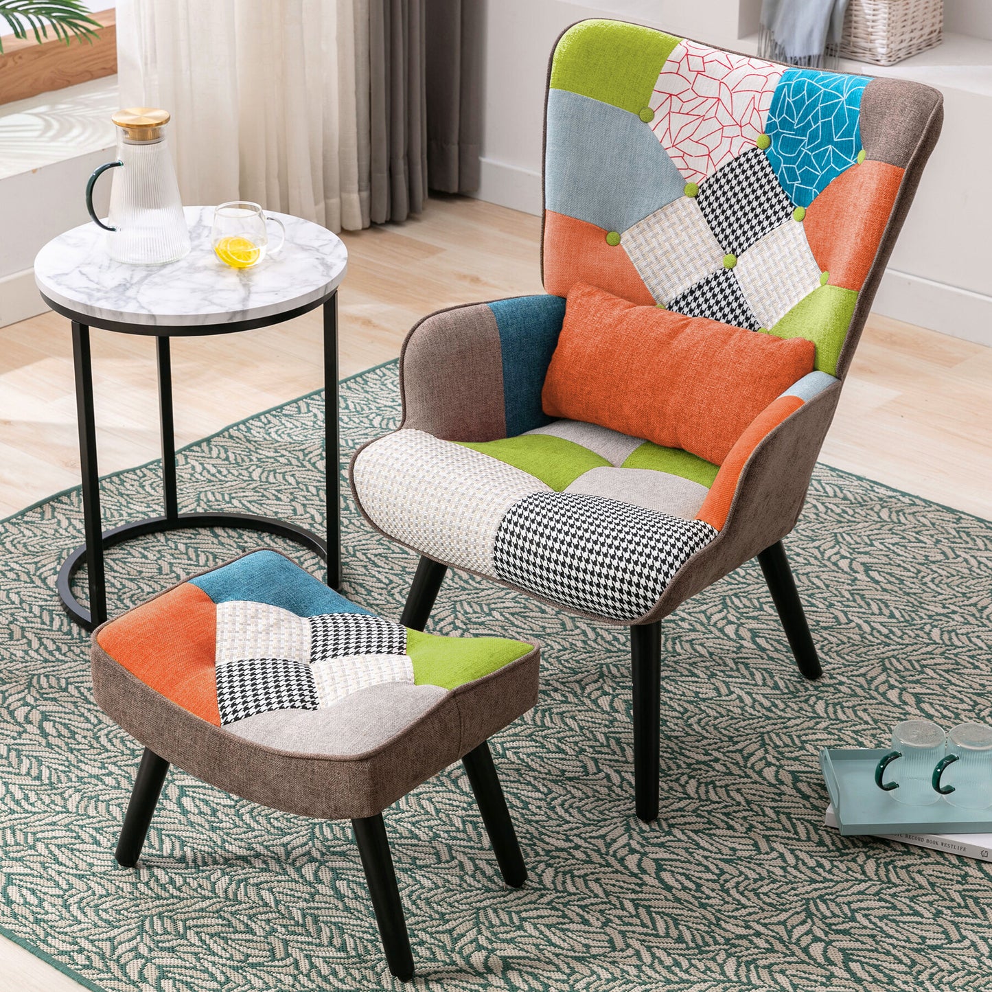 Poltrona relaxante com banquinho Poltrona patchwork poltrona de madeira sala de estar, poltrona de tv moderna poltrona de linho laranja