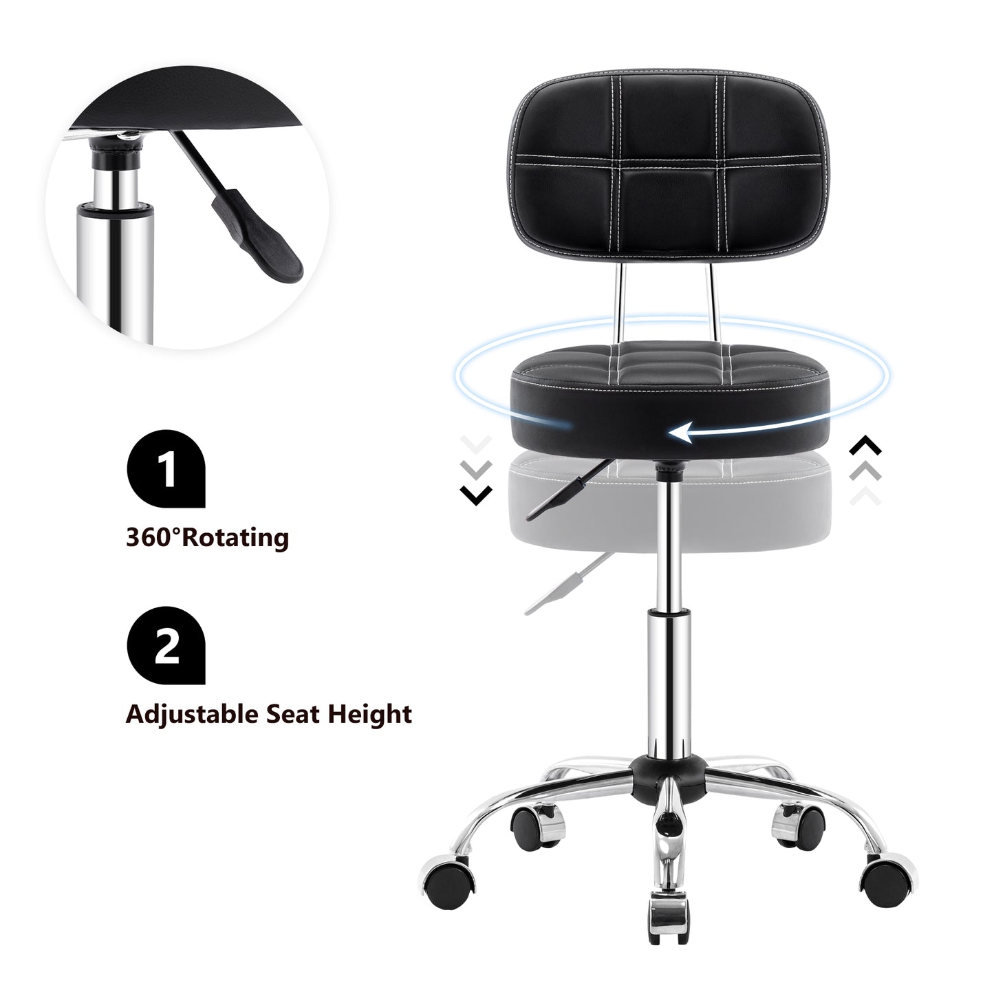 Tabouret de Bar Rond à roulettes Pivotant 360° de Massage  EN HAUTEUR REGLABLE pour SPA ,Salon ,Salle ,Médicale Noir