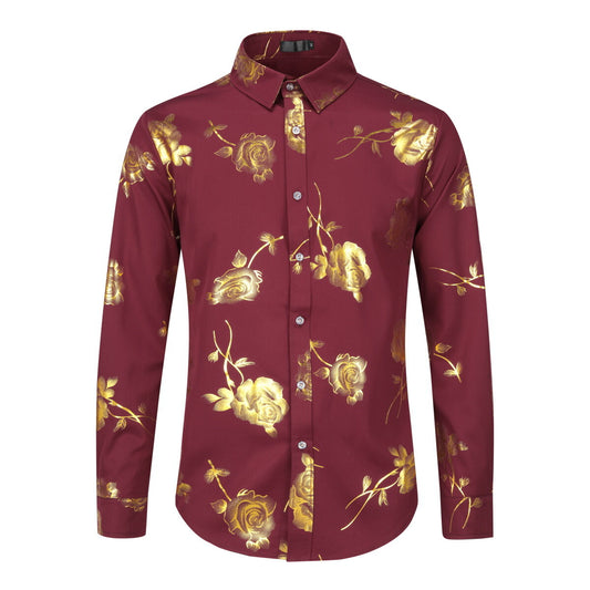 Youthup Mens Rose Foil Stamping Casual Shirt