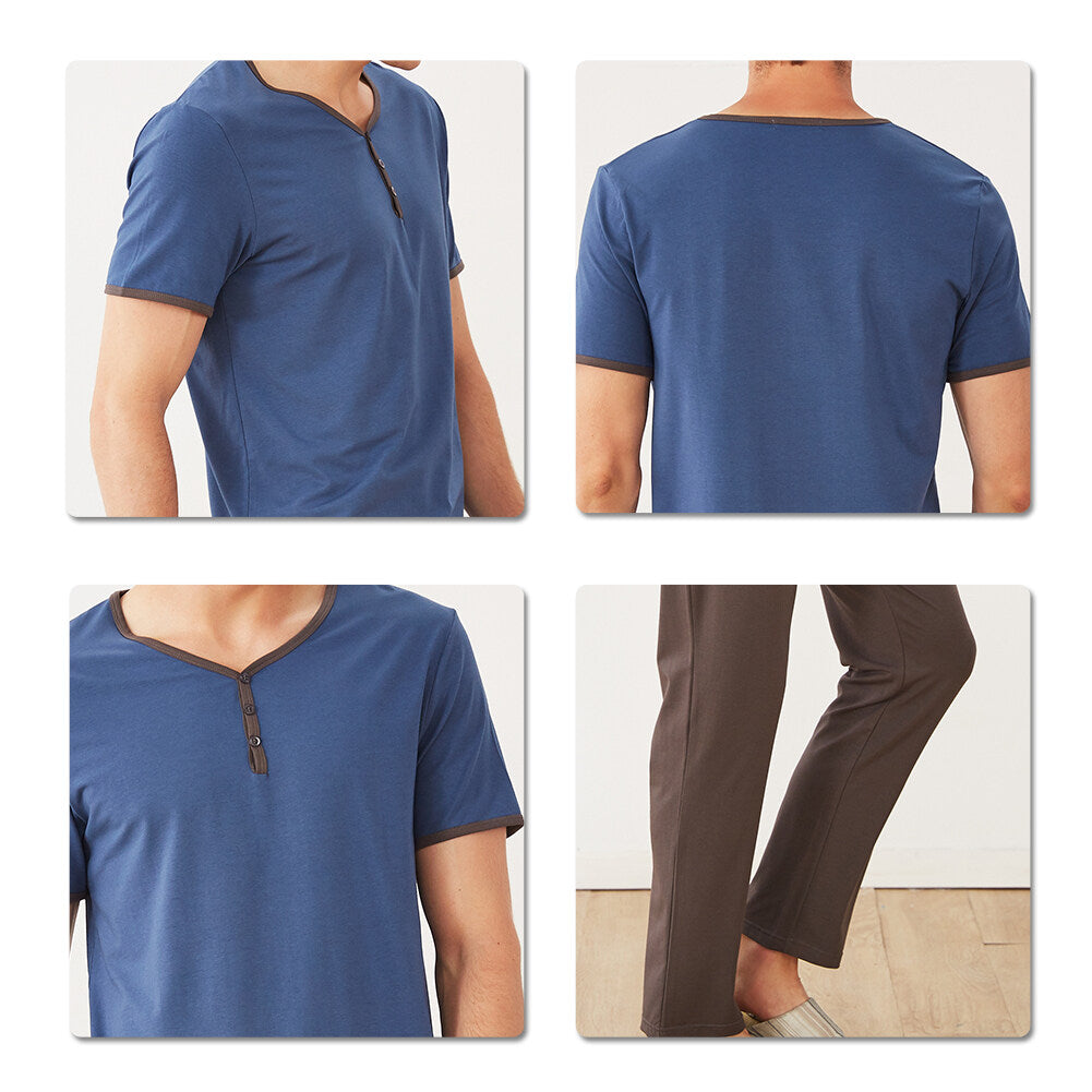 YOUTHUP Mens 2 Piece Loungewear Set Cotton Patchwork Short Sleeve Top and Long Bottoms